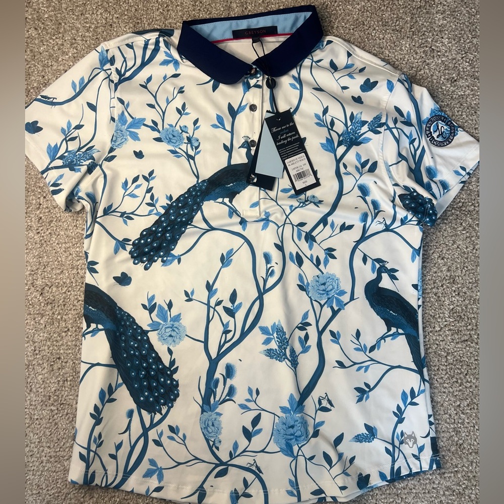 Greyson Blue and White Peacock Polo Shirt- Womens Size L - NEW